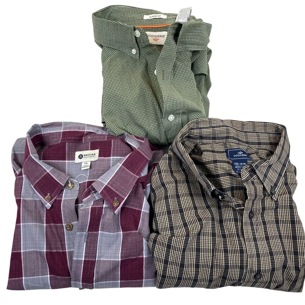 Dockers & Haggar Mens Shirts Size XXL Lot Of Three Classic Fit Plaid Long Sleeve
